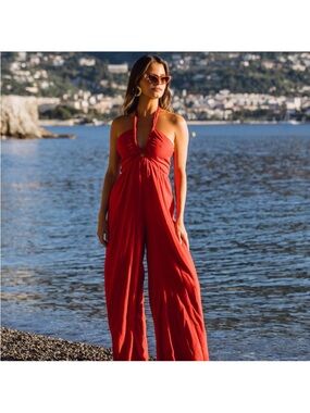 12th Tribe Promenade Red Halter Jumpsuit